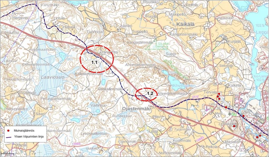 Tutkimusalueet ja kohdekuvaukset 1. Hämeenkoski Ylisen Viipurintien linja tulee Päijät-Hämeen alueelle Lammin suunnalta Hakalantietä pitkin.