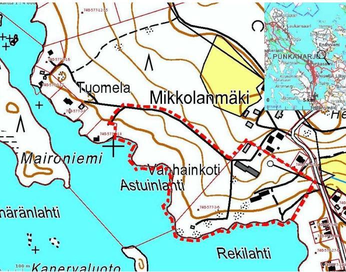 Luontoselvitysalue rajattu punaisella Saunarantaan johtava