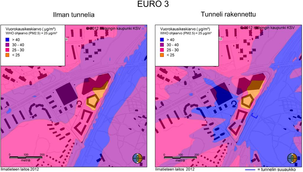 25 Kuva V. Pienhiukkasten (PM 2,5 ) vuorokausiohjearvoon (WHO, 25 µg/m³) verrannolliset pitoisuudet Euro 3 -päästötasolla ja vuoden 2035 liikennemääräennusteilla laskettuna. Kuva W.