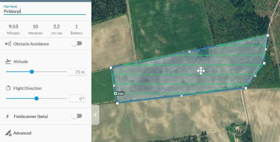 Kuinka saan pienoishelikopterilla ortoilmakuvan? -Erillinen sovellus, itse olen käyttänyt Dronedeploy-nimistä palvelua. -Haluttu kartoitettava alue valitaan helposti satelliittikuvien päälle.