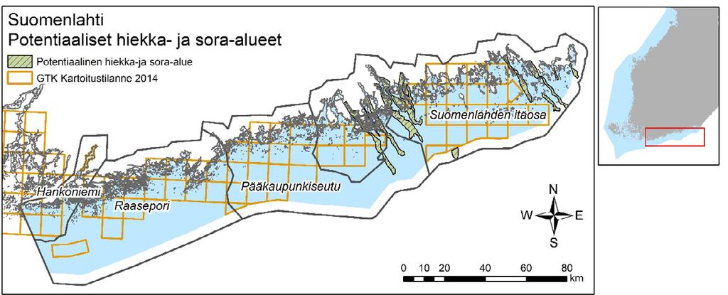 Anu Kaskela & Henna Rinne Taulukko 6. Päämaalajiltaan kalliota ja moreenia (Ka+Mr) tai hiekkaa ja soraa (Hk+Sr) olevien laajojen kohoumien (BPI 5km >100) esiintyminen eri syvyyksillä.