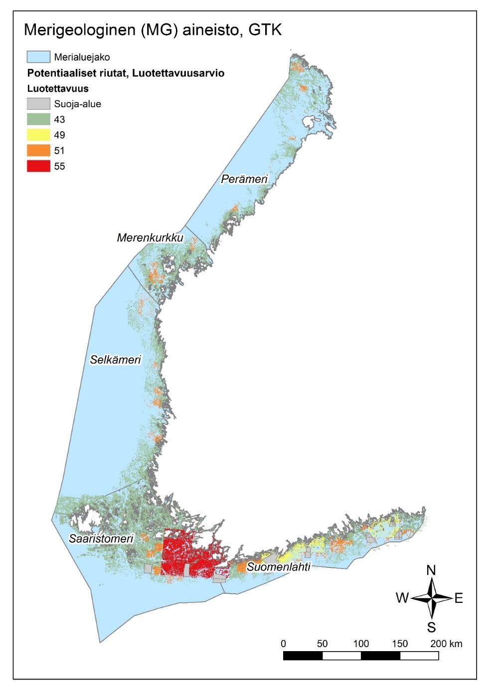 Vedenalaisten Natura-luontotyyppien mallinnus Suomen merialueella Kuva 1. Potentiaalisten riuttojen luotettavuudet vaihtelevat välillä 43 ja 55.