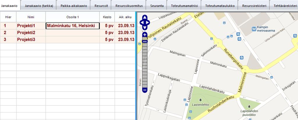 valitaan tehtävätaulukosta. Voit maalata tehtävätaulukosta myös useita tehtäviä, jolloin kartalla näytetään kaikki nämä tehtävät.