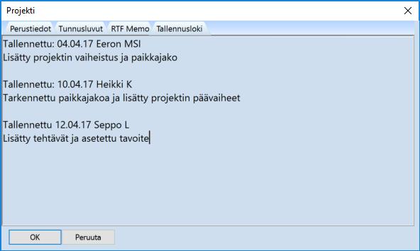 Projektin tallennuksien yhteydessä voidaan pitää tallennuslokia, johon voi kirjata kommentit tehdyistä muutoksista.