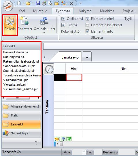 Avaa haluamasi esimerkkiprojekti valitsemalla tiedostovalikosta "Avaa.." ja hakemalla projekti sijainnista C:\Users\<username>\Documents\Tocoman Aikataulu 3.2\Esimerkit_3_2.