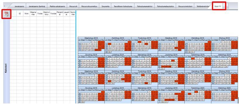 Kuva. Kalenteri-käsitteen avulla kalenterin näyttäminen. 3.6 Projektin ajoituksen asetukset Projekti-välilehdeltä Ajoitus-kohdasta löytyy projektin ajoitukseen liittyviä asetuksia. Kuva.