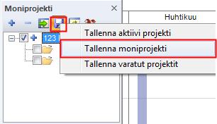 Moniprojekti tallennetaan valitsemalla moniprojektipaneelin toimintoriviltä Tallenna-kuvakkeen päältä