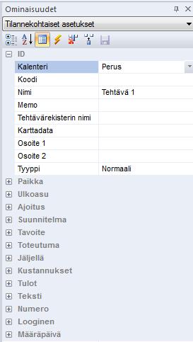 Tehtävän ID-osiossa on tietokenttä "Tyyppi", jossa on valittavissa Normaali tai Otsikko. Otsikko-tyyppisille tehtäville ei näytetä kaavioalueella janaa, eikä taulukkoalueella muita tietoja. Uutta!