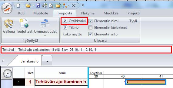 Kuva. Otsikkorivi Tehtäväjanan alkupäästä (hiiren kursori muuttuu kaksipäiseksi nuoleksi) säädetään sekä tehtävän alkuhetkeä että kestoa.