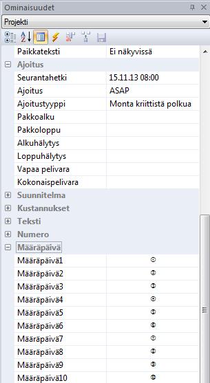 Kuva. Ominaisuudet > Projekti ja määräpäivät Tehtävälle