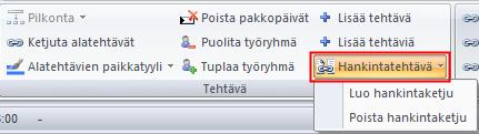 Muokkaa-välilehdellä Hankintaketjun luominen ja poistaminen Voit lisätä hankintaketjun yksittäiselle tehtävälle tai valita tehtävätaulukosta haluamasi tehtävät ja lisätä niille hankintaketjun (tällä