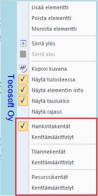 Tehtäväelementin elementtipalkin päältä hiiren 2.painikkeella aukeavasta valikosta voidaan valita näkyviin halutut tiedot. Rastimalla esim.