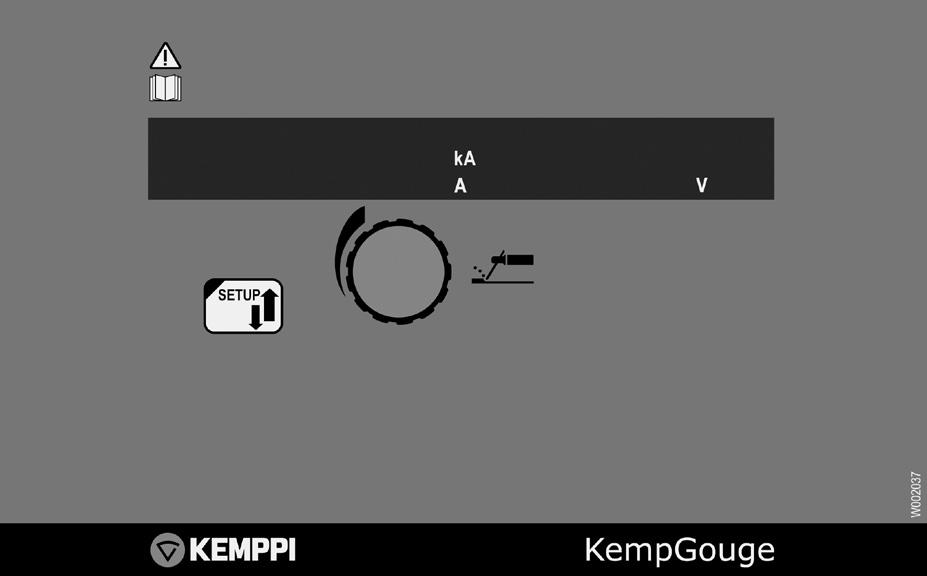 1.3.2 Ohjauspaneeli P1 P2 P3 KempGouge ARC 800 / Kemppi Oy / 1714 P4 P5 P1 P2 P3 P4 P5 Vasen näyttö (talttausvirta tai säädettävän parametrin nimi) Virta-aluetta osoittavat merkkivalot Oikea näyttö
