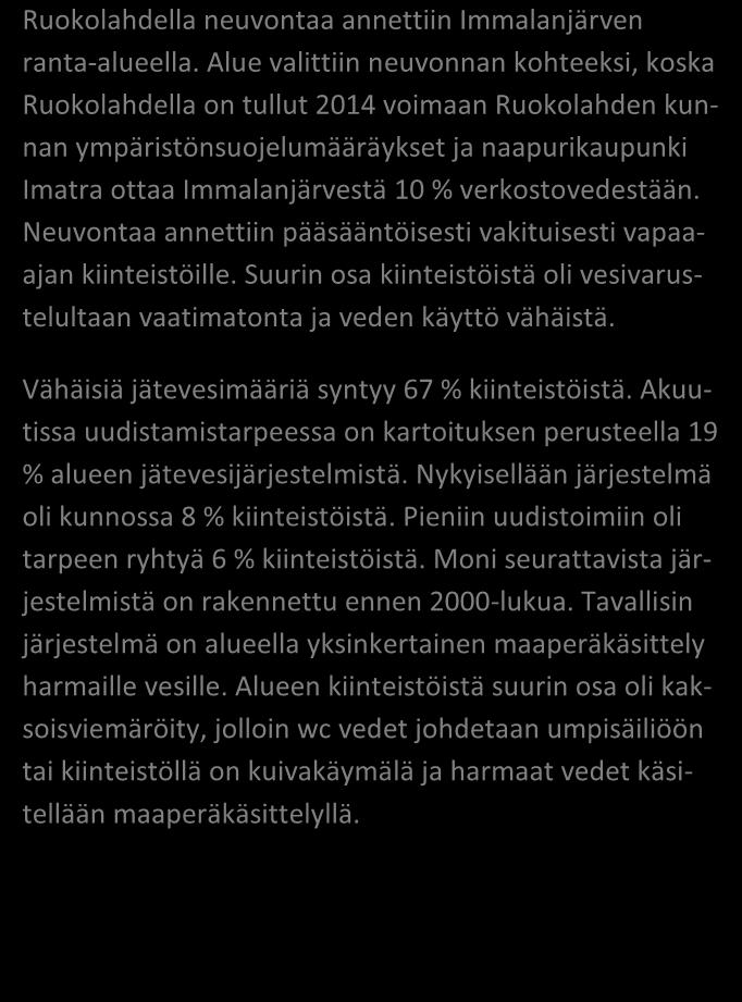 NEUVONTAKÄYNNEILTÄ kpl % Asutuksen tyyppi (vakituinen / vapaa-aika) 6 / 30 17 / 83 Asukasmäärä 67 Vedenhankinta (vesijohto/ oma kaivo) 17 / 20 46 / 54 Kaivotyyppi (pora-/ rengaskaivo) 3 / 17 15 / 85