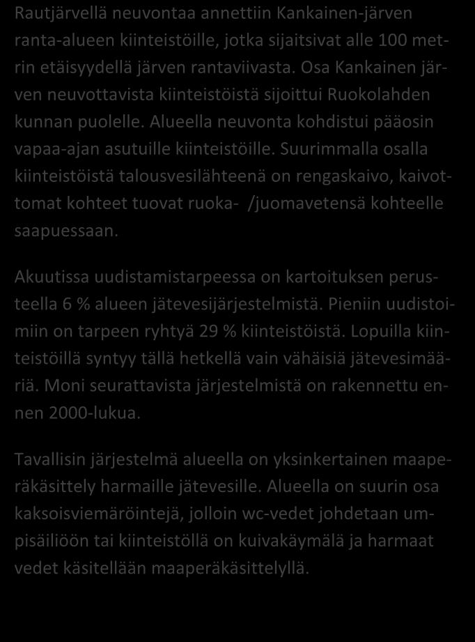 NEUVONTAKÄYNNEILTÄ kpl % Asutuksen tyyppi (vakituinen / vapaa-aika) 0 / 17 0 / 100 Asukasmäärä 31 Vedenhankinta (vesijohto/ oma kaivo) 0 / 15 0 / 100 Kaivotyyppi (pora-/ rengaskaivo) 0 / 15 0 / 100