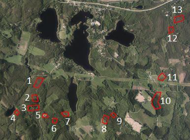 Selvitysalueista kolme sijaitsee virtaavan veden varrella (yksi Vispilänjoen, yksi Neulajoen ja yksi Saukkojärvet ja Marjojärven yhdistävän puron varrella) ja yksi, läntisin alue, sijaitsee