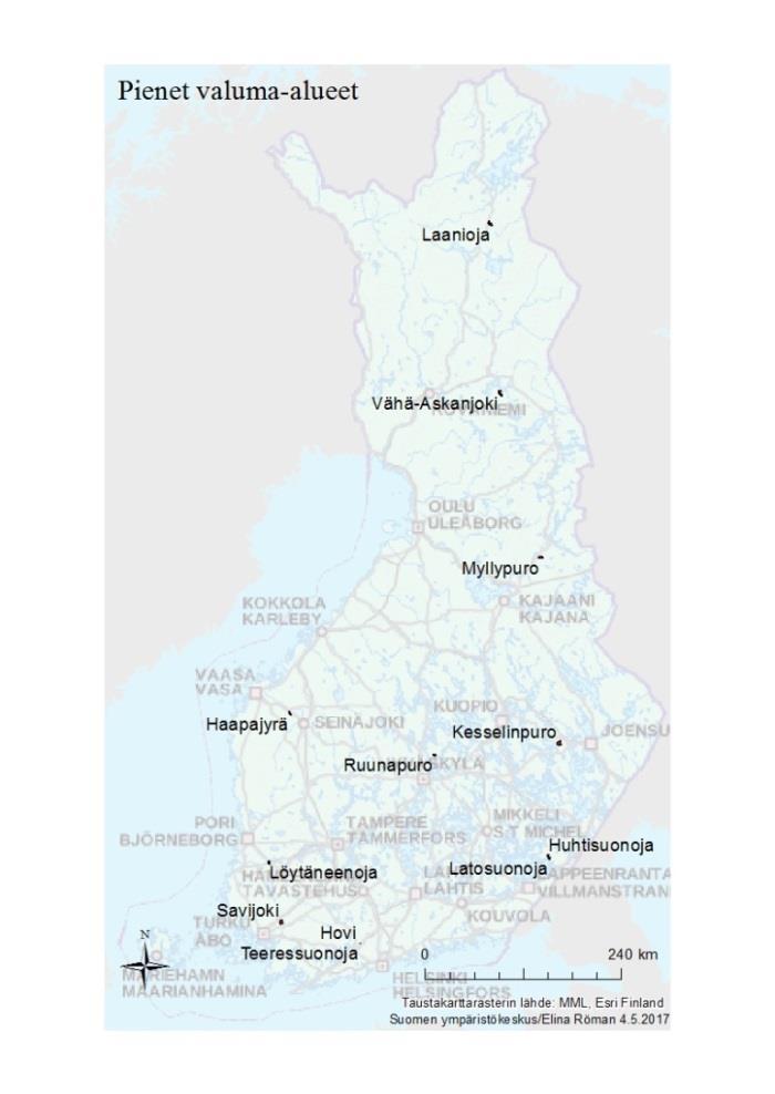 Ravinteiden kulku valuma-alueilta vesistöihin aineistot kolmessa skaalassa Koekentät (~1 ha) Pienet valuma-alueet (0,1 20 km 2 ) Jokivesistöalueet (100 50 000 km 2 ) 7 koekenttää Kuivatusvesien