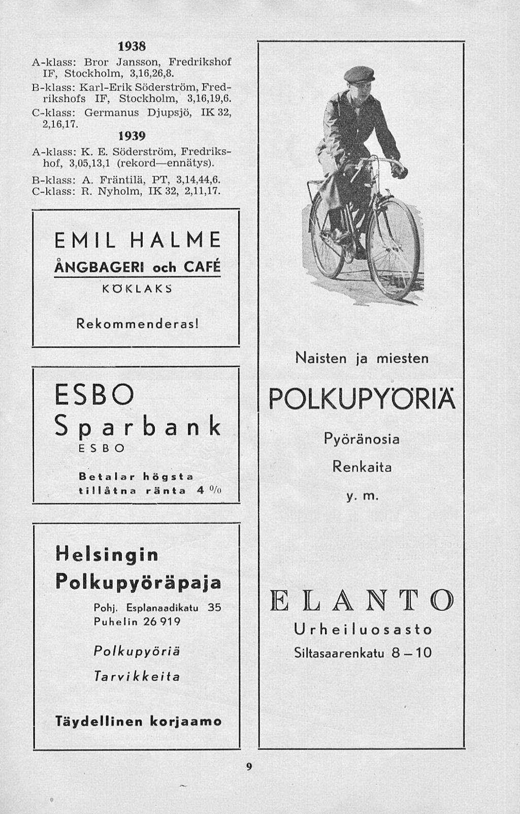 1938 Aklass: Bror Jansson, Fredrikshof IF, Stockholm, 3,16,26,8. Bklass: KarlErik Söderström, Fredrikshofs IF, Stockholm, 3,16,19,6. Cklass: Germanus Djupsjö, IX 32, 2,16,17. 1939 Aklass: K. E.