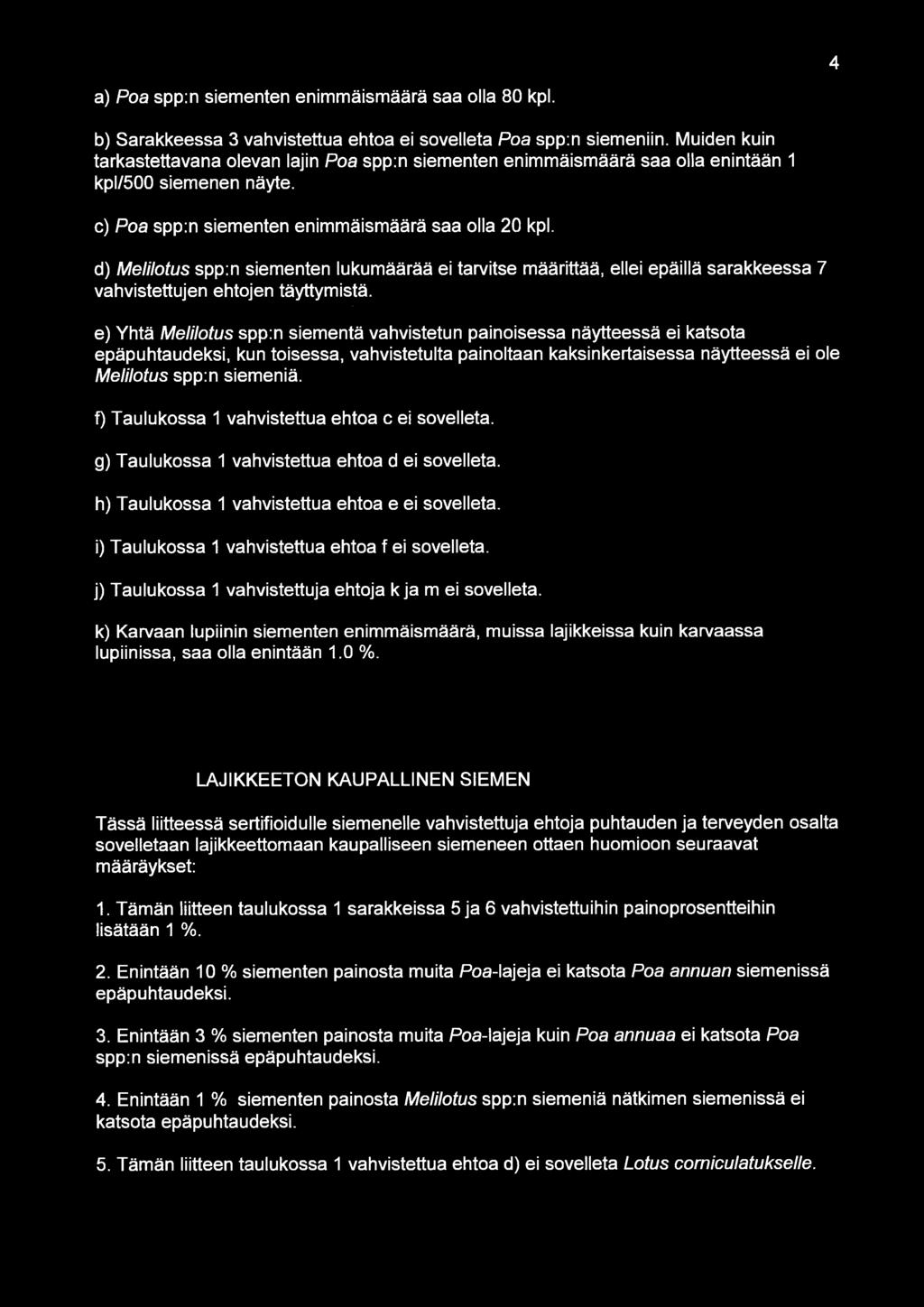 4 a) Poa spp:n siementen enimmäismäärä saa olla 80 kpl. b) Sarakkeessa 3 vahvistettua ehtoa ei sovelleta Poa spp:n siemeniin.