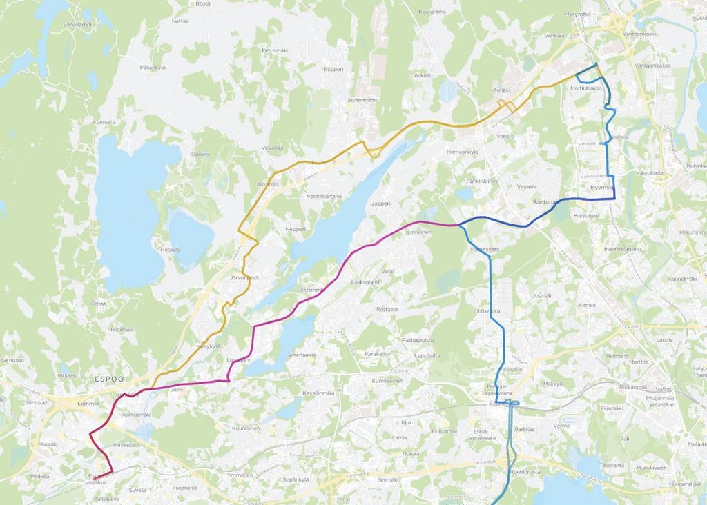 Espoon ja Vantaan väliset poikittaisyhteydet 555 Keilaniemi Leppävaara Myyrmäki Martinlaakso Tihennetään nykyinen 12 min ruuhka-ajan vuoroväli 10 minuuttiin. Muina aikoina 20 min.