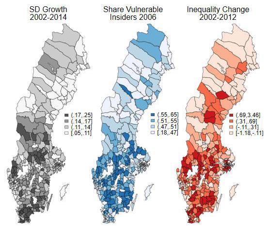 Ruotsin demokraattien kannatuksen Haavoittuvassa asemassa Tuloerojen kasvu kasvu 2002-2014, % olevat työlliset 2006, % 2002-2012, % Lähde: