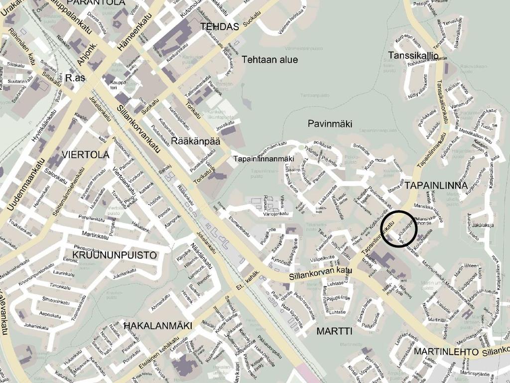 1.1. Suunnittelualueen sijainti Kaavamuutos alue sijaitsee 33. eli Tapainlinnan kaupunginosassa Kiviharjuntiellä, Tapainlinnankadun ja Takamartintien risteyksessä.