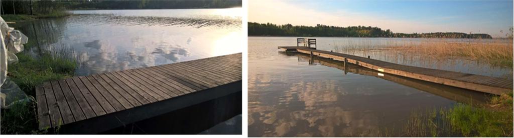 Kuva 10 Tila NR:o 1:59 / Kattilakoski. Ranta-alue on ruopattu kauttaaltaan. Näkymä rannalta etelään (vasemmanpuoleinen kuva) ja luoteeseen (oikeanpuoleinen kuva).