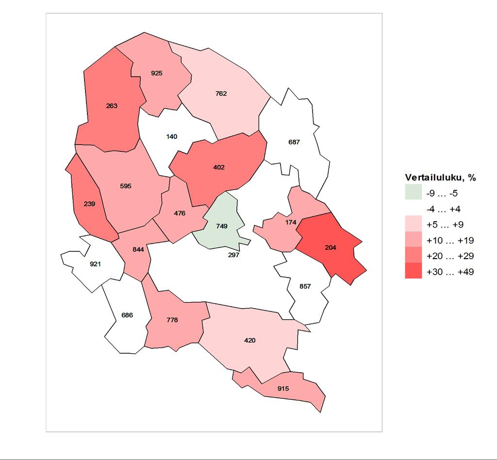 Kartta 1. Vertailutieto koko maan tilanteeseen nähden vammojen ja myrkytysten aiheuttamien hoitojaksojen osalta alueen kunnissa vuosina 2008-2012.