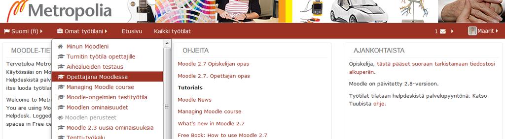 3 3 Navigointi Moodle on web-sovellus, jossa siirtyminen sisällöstä toisen tapahtuu linkkejä hiirellä napsauttamalla. Navigointia varten sekä navigointipalkki että navigaatio-lohko. 3.1 Etusivu Kun on kirjautunut Moodleen, ohjautuu Moodlen etusivulle.
