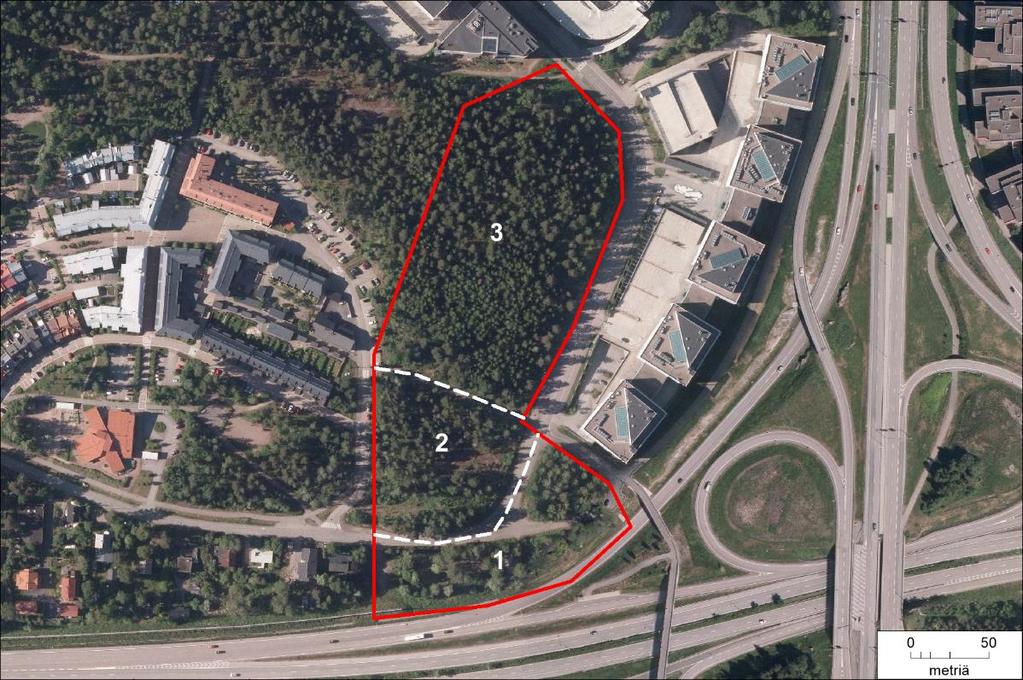 Kuva 16. Säterin alueen kuviot. Toimistorakennusten eteläpuolella kuvion 1 itäpäässä on pieni sekametsämetsälaikku, jonka puusto on varttunutta koivua ja mäntyä.