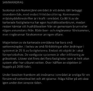 Avloppsvattenutredning/ -plan (ja/ nej) 6/26 29/81 Bruks-och underhållsanvisning (ja/ nej) 6/26 29/81 Olagliga fall 0 0 160/2017 Områdets fastighetsmängd: ca 45 st.