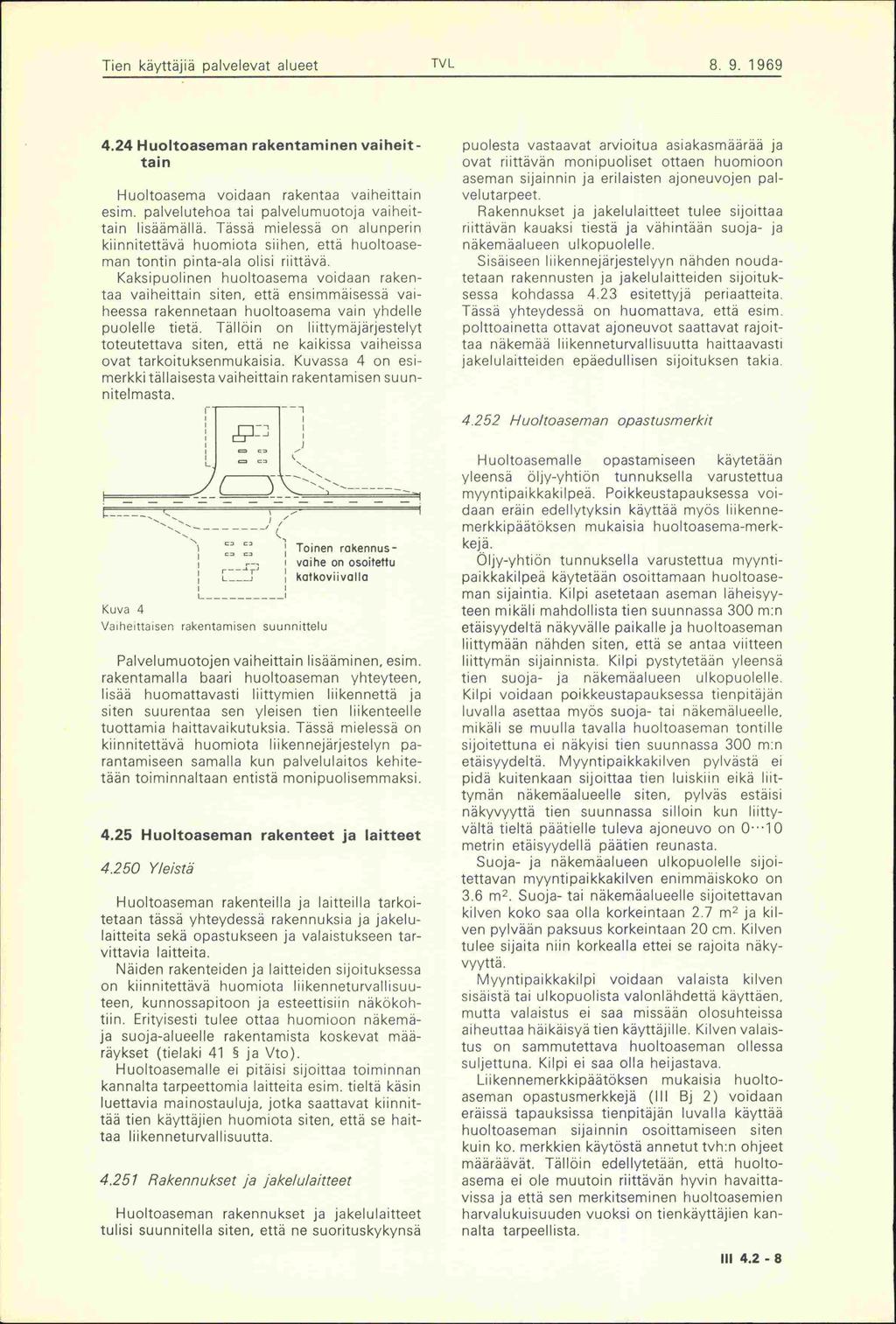 Tien k'ttijiä palvelevat alueet TVL 8 9. 1 969 4.24 Huoltoaseman rakentaminen vaiheittai n Huoltoasema voidaan rakentaa vaiheittain esim. palvelutehoa tai palvelumuotoja vaiheittain lisäämällä.