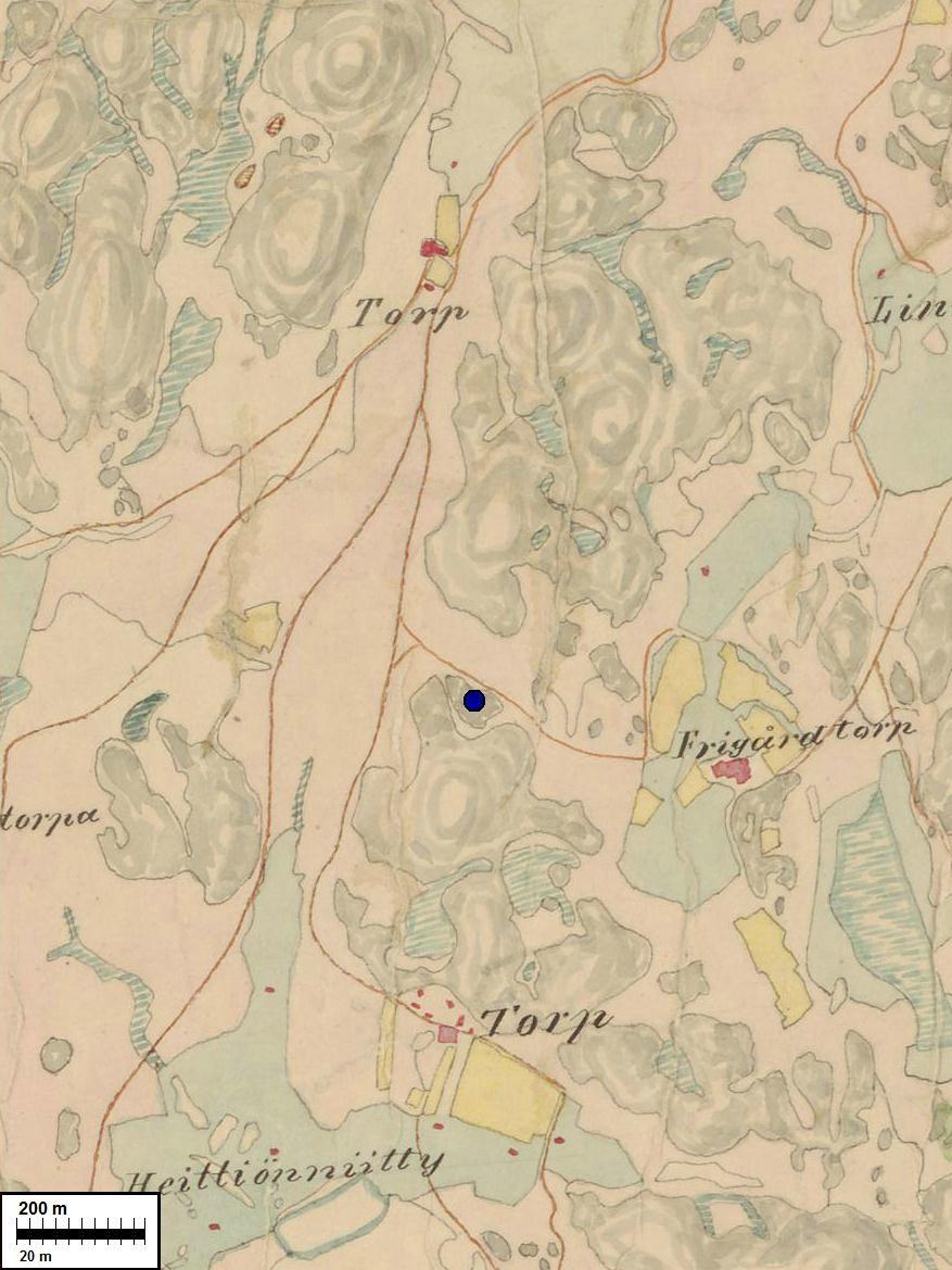 6 Hyötiönummen kiviröykkiön sijainti on merkitty vuoden 1840 Vihdin pitäjänkartalle sinisellä pisteellä.