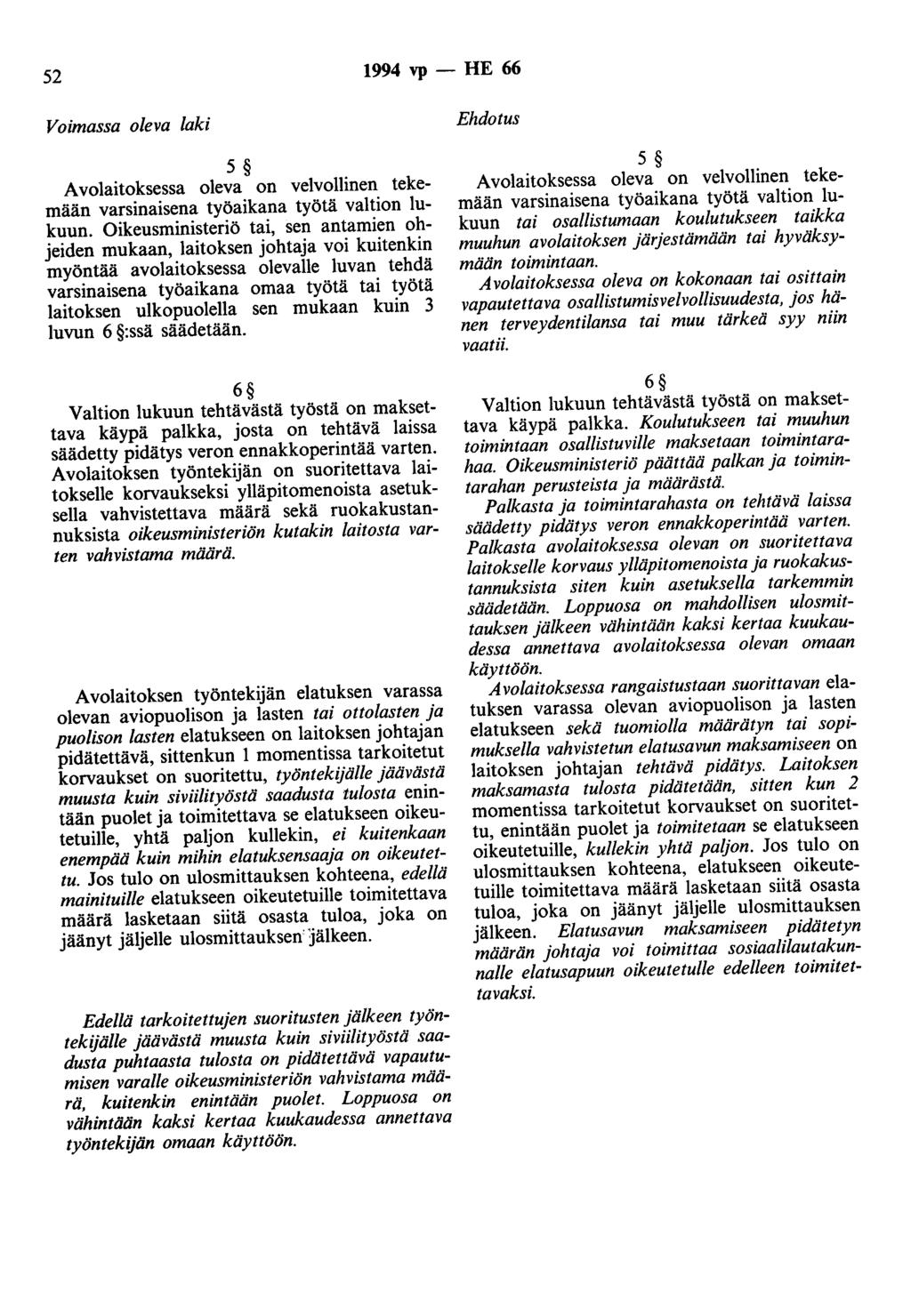 52 1994 vp - HE 66 Voimassa oleva laki 5 Avolaitoksessa oleva on velvollinen tekemään varsinaisena työaikana työtä valtion lukuun.