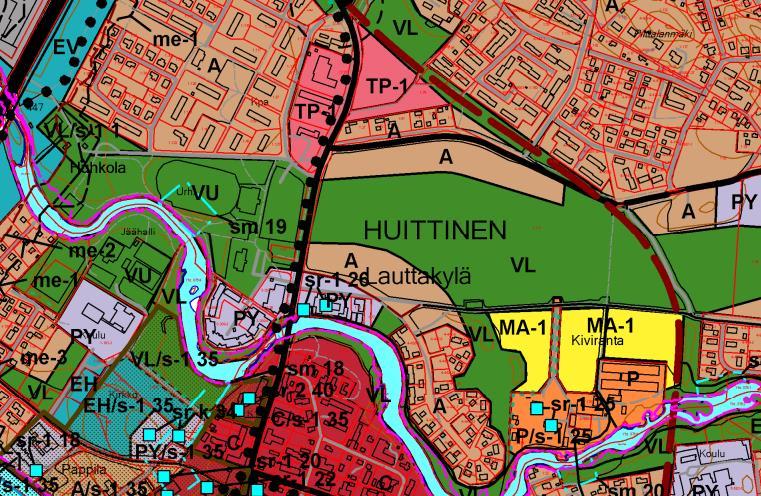 Sivu 4 / 9 Ote Huittisten keskustan ja sen lievealueiden osayleiskaavasta (2011,2014), 1:10 000 alustava suunnittelualuerajaus punaisella Asemakaava: Kivirannan peltoalue on osittain