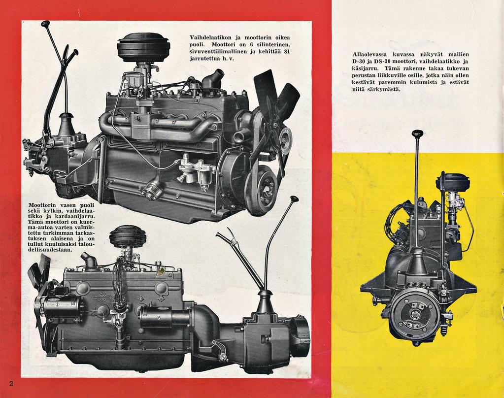 Vaihdelaatikon ja moottorin oikea puoli. Moottori on 6 silinterinen, sivuventtiilimallinen ja kehittää 81 jarrutettua h. v.