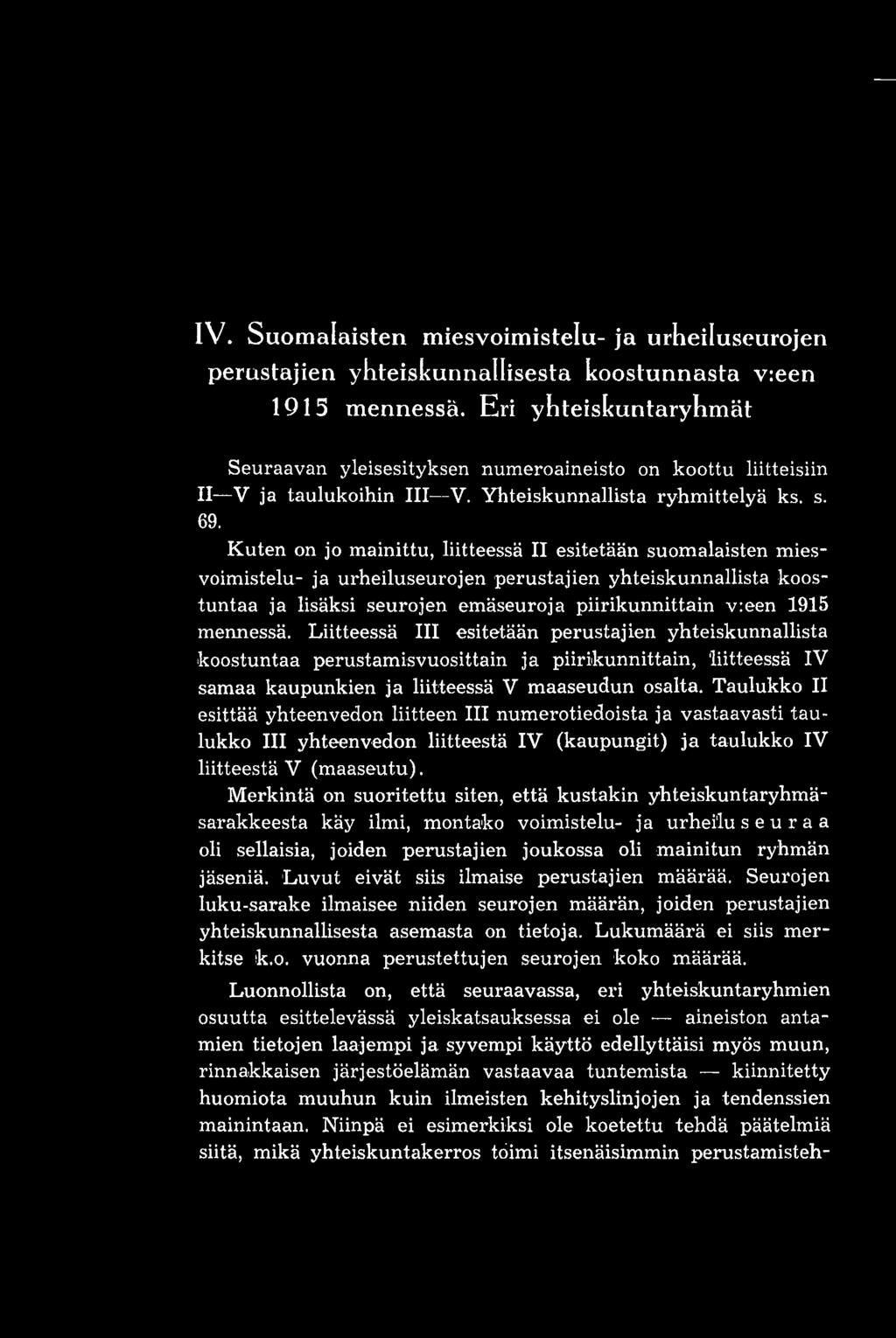 Kuten on jo mainittu, liitteessä II esitetään suomalaisten miesvoimistelu- ja urheiluseurojen perustajien yhteiskunnallista koostuntaa ja lisäksi seurojen emäseuroja piirikunnittain v:een 1915