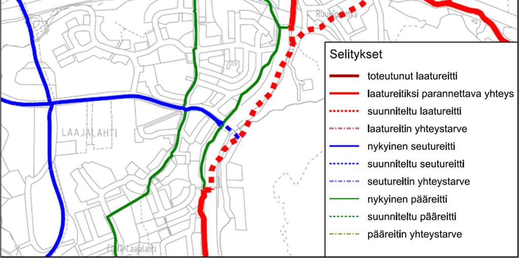 Seudullinen itälänsisuuntainen pyöräilyreitti kulkee puolestaan Säterinkadun vieressä. Kuva. Pyöräilyn tavoiteverkko vuodelle 2040.