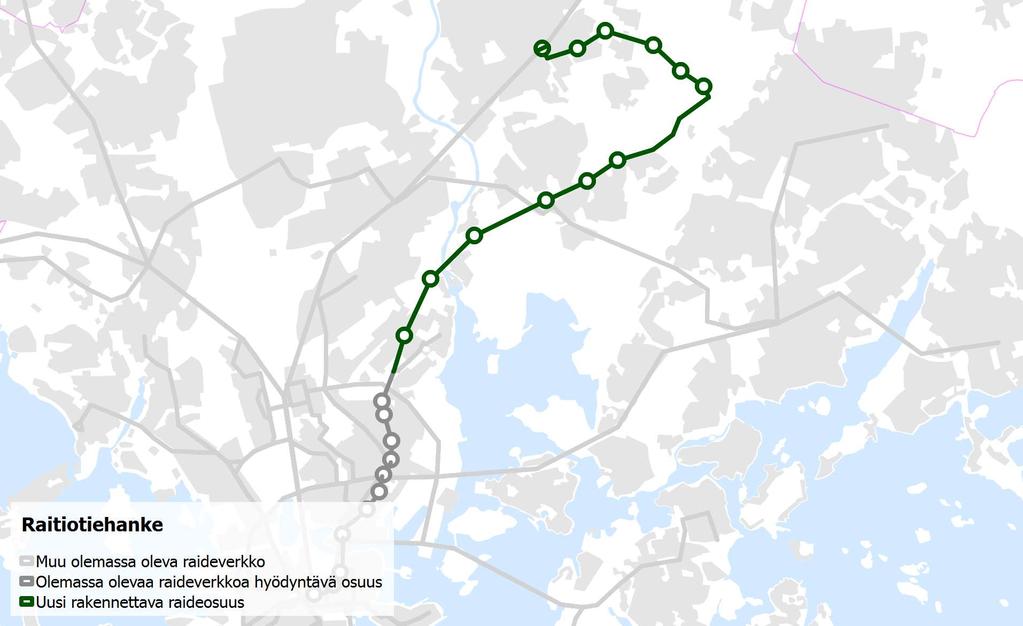 Viikin-Malmin raitiotie (Rautatieasema Viikki Malmin lentokenttä Malmin asema) Tässä työssä tarkasteltava reitti on Malmin rautatieasemalle päättyvä linjaus (hankkeen 1.