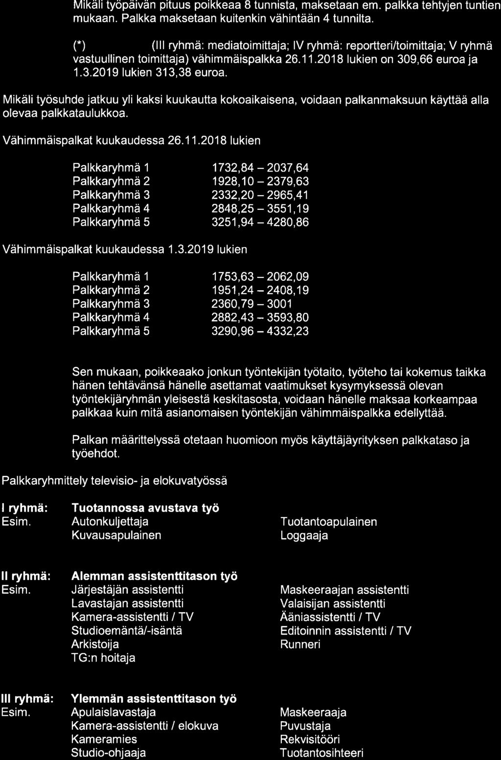 Mikäli työpäivän pituus poikkeaa 8 tunnista, maksetaan em. palkka tehtyjen tuntien mukaan. Palkka maksetaan kuitenkin vähintään 4 tunnilta. (.