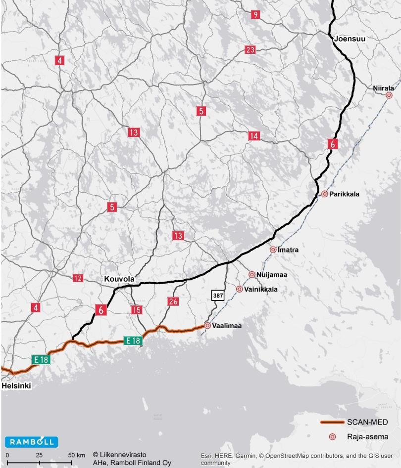 Kuva 3. Päätieverkko Pohjois-Karjalan ja Scan-Med-käytävän välillä. 3.1.