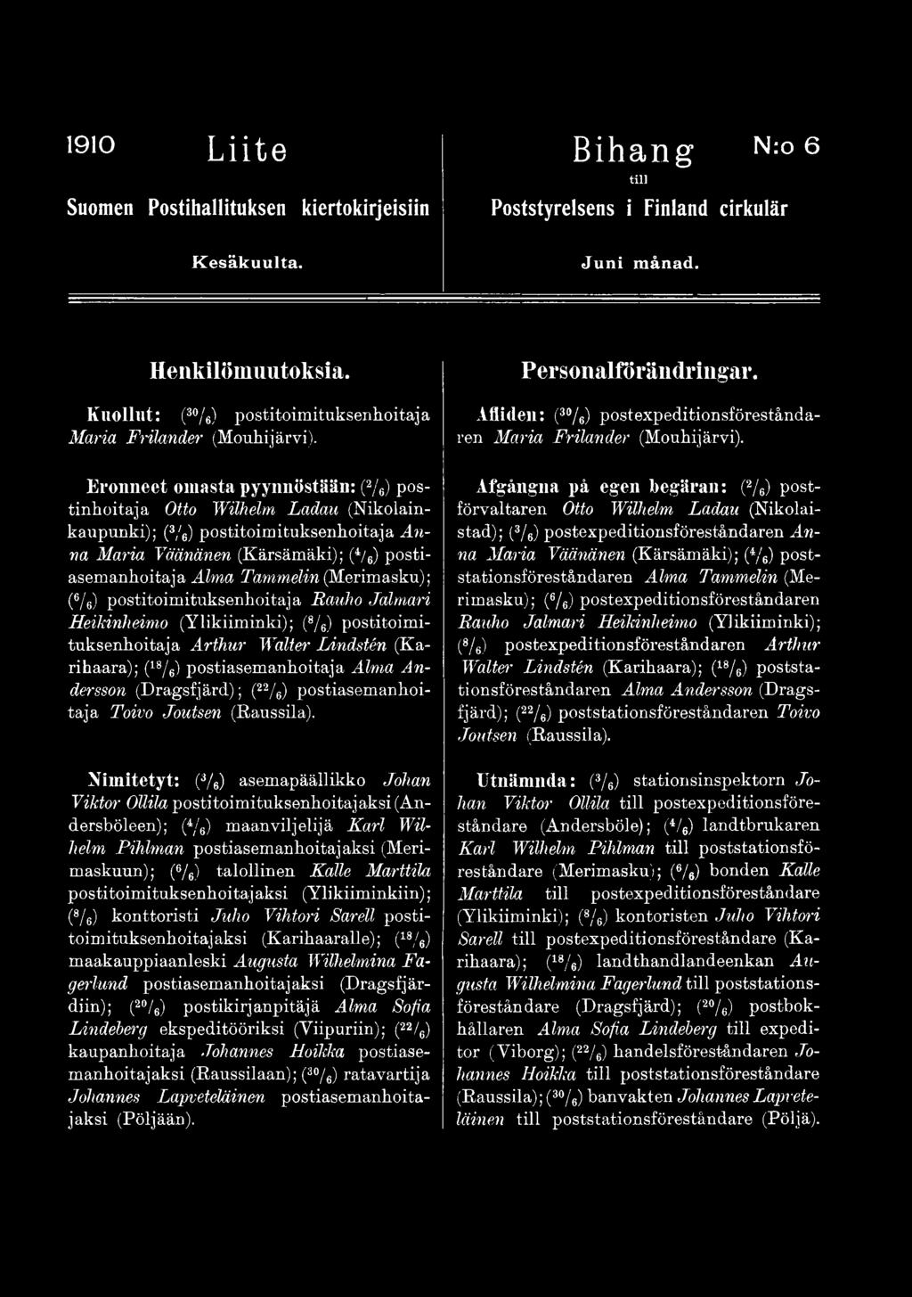(Dragsfjärd); (22/ 6) postiasemanhoitaja Toivo Joutsen (Raussila).
