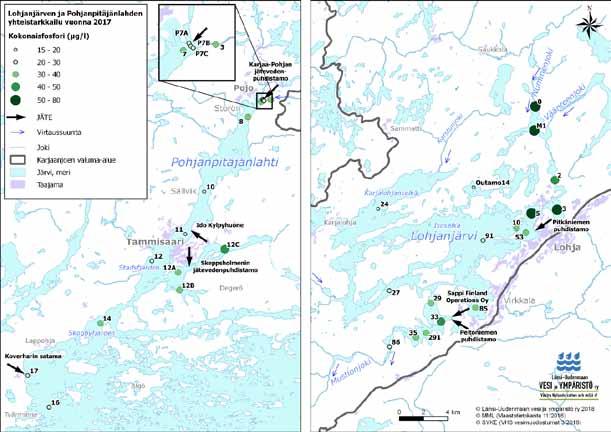 Kuva 11. Keskimääräinen pintaveden kokonaisfosforipitoisuus v. 217 (toukokuun puolestavälistä syyskuun puoliväliin).