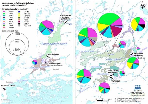 Taulukko 7. Lohjanjärven saalis (kg) sekä osuudet kokonaissaaliista lajeittain ja pyydyksittäin vuonna 217.