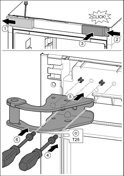 Käyttöönotto u Irrota ruuvit T25-ruuvimeisselillä ja irrota laakerinkannatin. Fig. 16 (2) Fig. 15 u Irrota suojus ruuvimeisselin avulla ja poista se sivusuunnassa. Fig. 15 (1) u Ripusta suojus 180 käännettynä toiselle puolelle oikealta käsin.