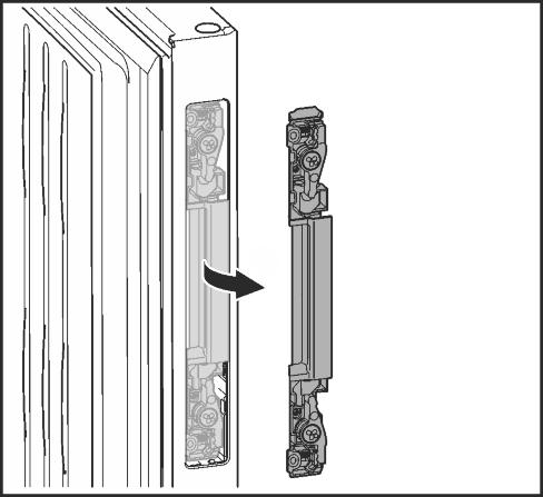 20 u Käännä ovenavauksen avustin irti. Fig. 22 u Työnnä ovenavauksen avustin vastakkaisen puolen aukkoon siten, että se lukittuu paikoilleen. Fig. 22 (1) Vihje Työntimessä oleva muovilevy ei saa tulla kiinni oven tiivisteeseen.
