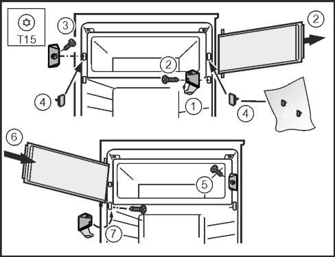 Käyttöönotto 4.3.3 Pakastelokeron oven vaihtaminen Fig. 13 u Käännä suojus pois laakerinkannattimesta. Fig. 13 (1) u Pakastelokeron oven irrottaminen: Ruuvaa laakerinkannatin irti T15-ruuvitaltalla.