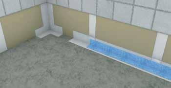 Levitä vedeneristettä vedeneristysnauhan alueelle lattian ja seinän liitoskohtaan. 2.