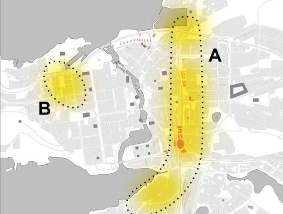 3 KAAVATYÖN AIKANA LAADITUT SELVITYKSET Keltaisella on esite y korkean rakentamisen painopisteiden mahdollisia sijainteja.