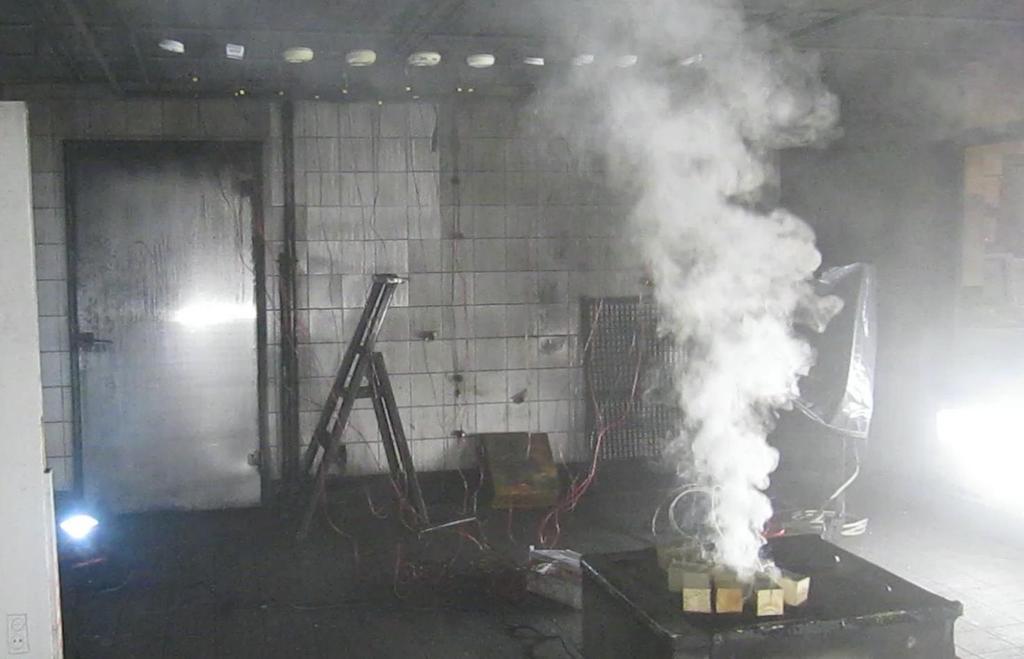 Ensimmäisessä testipalossa käytettiin mäntykalikoita, jotka asetettiin lämmityslevyn (2,2 kw) päälle. Levy laitettiin päälle, ja lämmityslevyn lämpötilan ollessa n. 160 o C alkoi muodostua savua.